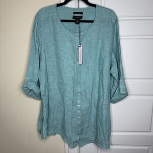 Tahari Women 2X Dusty Teal Blue Linen Blouse Top Shirt Tunic Button down New NWT